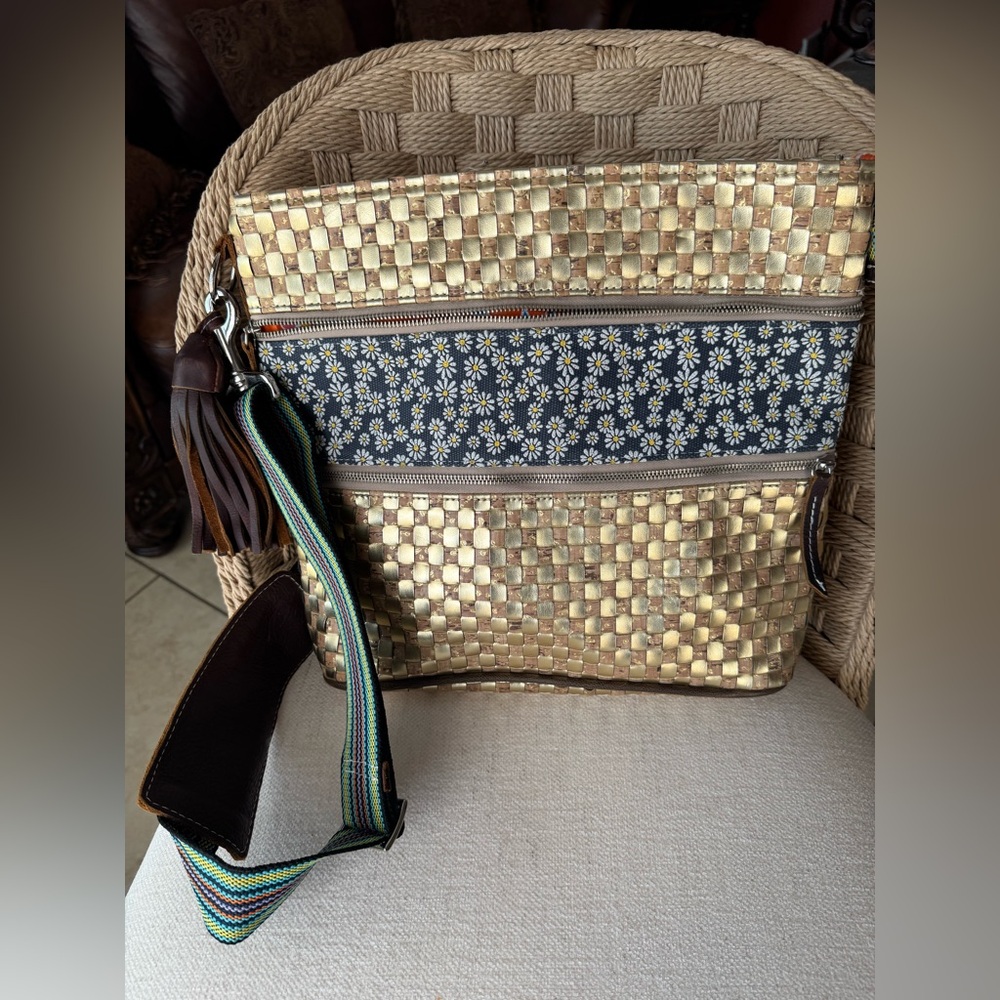 Consuela Midtown Crossbody bag Gold Woven Shoulder Bag with Brown Tassel - Picture 2 of 12
